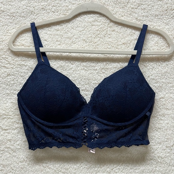 38B - VICTORIA'S SECRET - Push-Up Wireless Lace Bra Top Navy Blue LIKE NEW - Picture 7 of 11